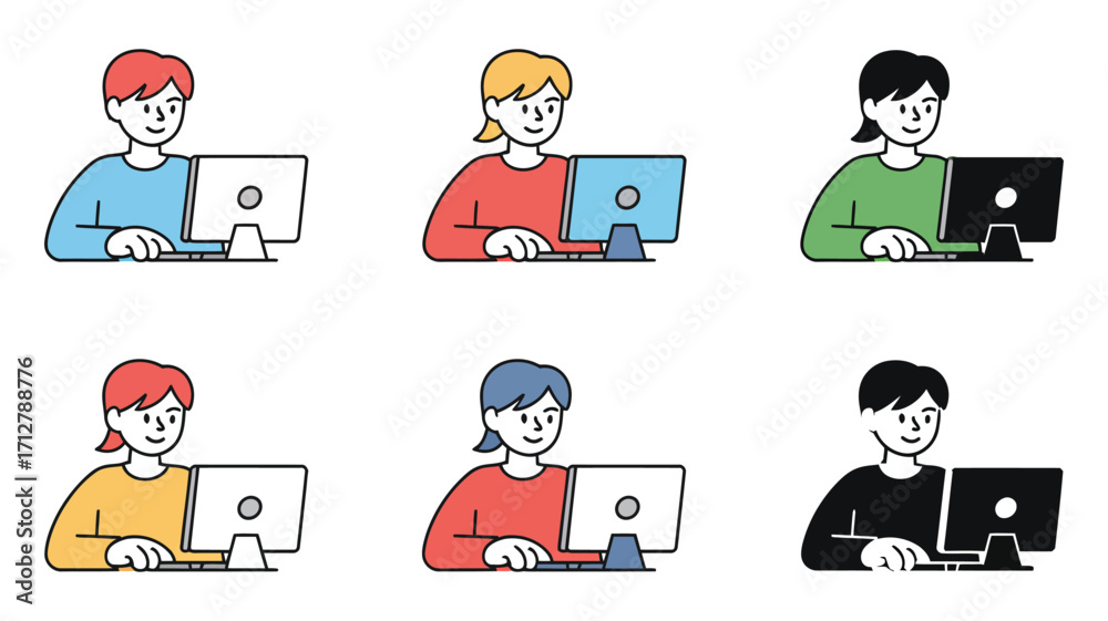 Fototapeta premium Vector Illustration of people working on computers with different hair and shirt colors, symbolizing diversity and inclusion