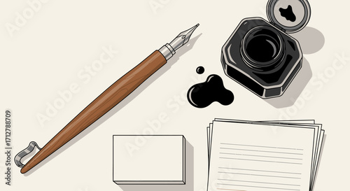 Vintage fountain pen, inkwell, and papers evoke classic writing and creative inspiration for timeless projects.