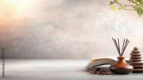 Calm incense sticks, open book, and stacked stones on light surface with soft sunlight and green leaves, creating peaceful and relaxing meditation atmosphere