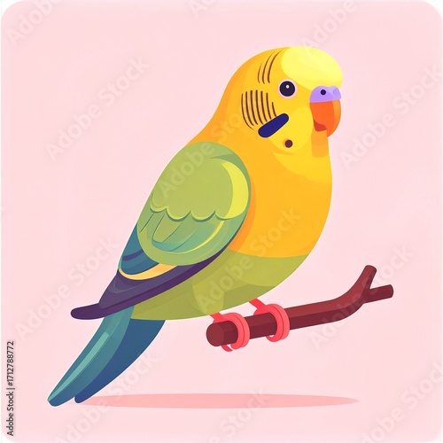 A cheerful yellow and green budgie perches peacefully on a branch against a soft pink background.