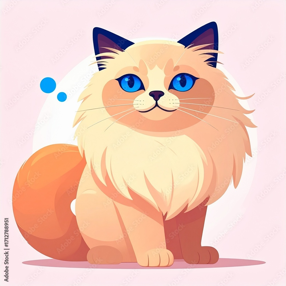 Obraz premium A stylized illustration depicts a fluffy, cream-colored cat with striking blue eyes on light pink
