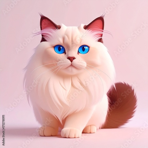 A fluffy, white cat with mesmerizing blue eyes sits serenely against a soft pink background,