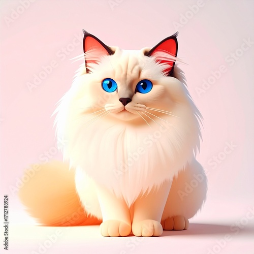 Stylized Ragdoll cat with striking blue eyes sits against a soft pink backdrop with a fluffy