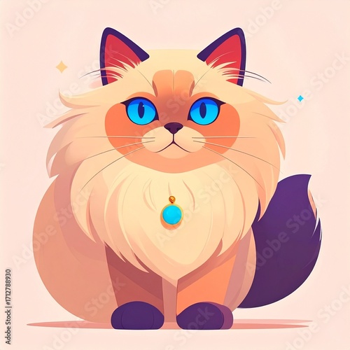 Stylized cartoon of a cute fluffy cat with striking blue eyes and a blue pendant against pink