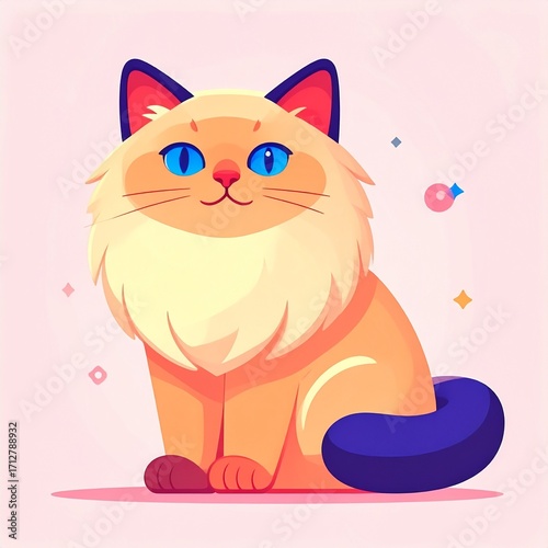 Charming cartoon cat with fluffy beige fur and bright blue eyes sits contentedly on a pink