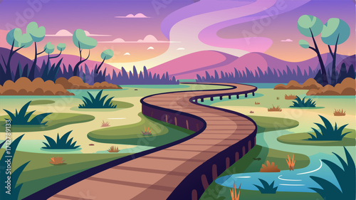 A serene pathway ting through a wetland immersing visitors in the tranquil beauty of this thriving ecosystem.
