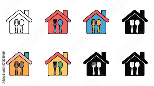 Vector Illustration of house with fork and spoon inside in different colors, representing food delivery and restaurant