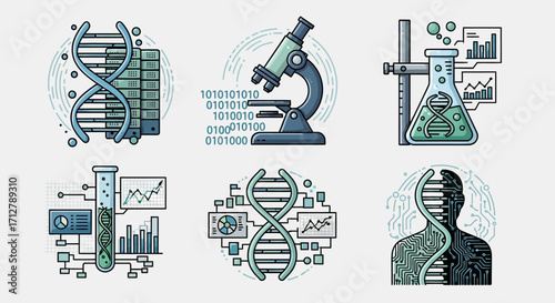 Innovative biotechnology research with DNA, data, and scientific equipment powering future discovery