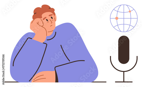 Man resting head on hand near podcast microphone, globe. Ideal for communication, podcasting, creativity, networking, global ideas, storytelling media. Minimal flat metaphor