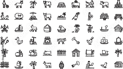 Editable EPS vector bundle featuring people, animals, farming tools, houses, nature, and household items. Scalable and commercial-use ready, perfect for design, branding, infographics, and creative pr