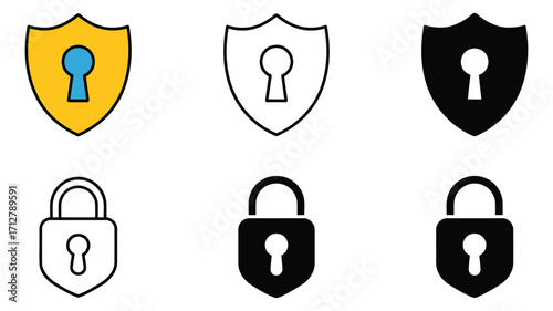Vector art of collection of security shield and padlock icons in various styles, perfect for digital safety and privacy