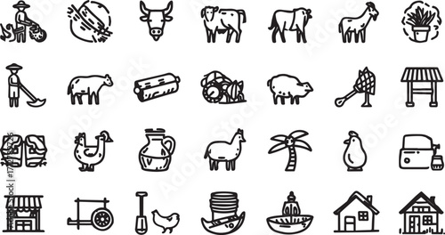 Editable EPS vector bundle featuring people, animals, farming tools, houses, nature, and household items. Scalable and commercial-use ready, perfect for design, branding, infographics, and creative pr