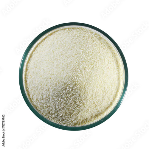 raw semolina flour known in India as rava flour, soji, or sooji in bowl, use in famous Indian Gujarati traditional foods and sweet ingredient  cutout in transparent background, png format, top view