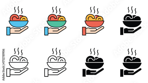Vector art of hand holding bowl of food icon set, representing meal, cuisine, and service vector illustration