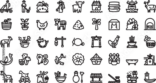 Editable EPS vector bundle featuring people, animals, farming tools, houses, nature, and household items. Scalable and commercial-use ready, perfect for design, branding, infographics, and creative pr