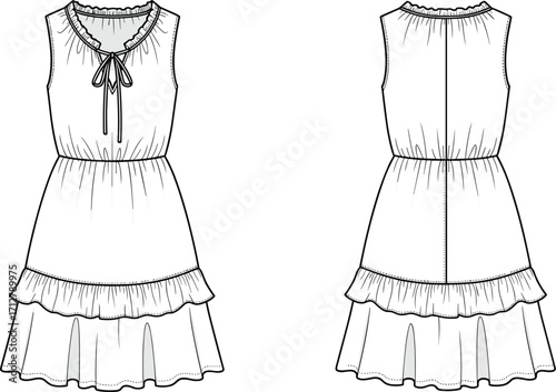 Technical fashion vector illustration of sleeveless tiered dress with round neckline, tie detail, gathered waist, front and back views