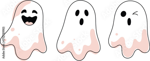 Cute cartoon ghost characters with happy, surprised, and winking faces, funny Halloween spirit illustration set for party decoration, sticker, invitation design