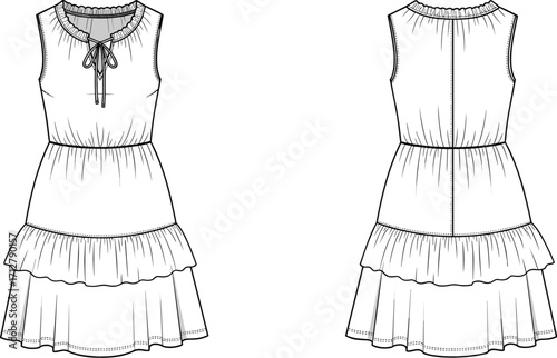 Technical fashion vector illustration of sleeveless tiered dress with round neckline, tie detail, gathered waist, front and back views