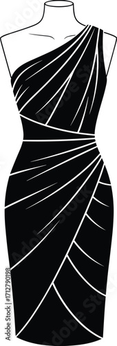 Vector illustration of elegant black one‑shoulder dress with draped pleats, fitted silhouette, knee length, displayed on mannequin for fashion design