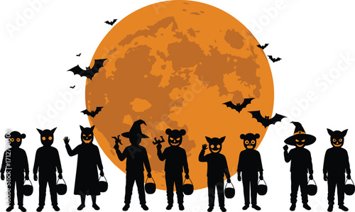 Halloween night scene with children in spooky costumes trick or treating, full moon background, bats flying, festive celebration illustration for invitations and posters