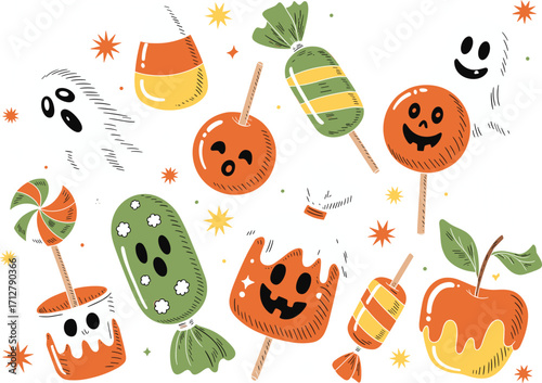 Halloween candy pattern with spooky ghosts, caramel apples, colorful lollipops, festive sweets, autumn holiday treats, trick or treat party, fun celebration design