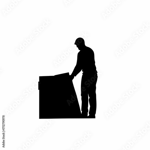Silhouette of construction worker placing final sheet at rooftop edge isolated on white background