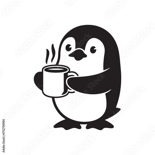 Cute Cartoon Penguin Character Holding a Steaming Hot Cup of Coffee or Tea