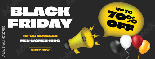 Modern Black Friday Discount Promotion Sale Banner Design for Advertisement, Retail Product Deals, Web Banner, Social Media Cover, Special Offer with 3d megaphone, balloons, speech bubble Background 