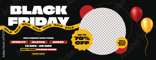 Black Friday Sale Banner Template with Modern Discount Promotion, Retail Deals, Product Sale Advertisement, Web Banner, Social Media Cover, and Special Offer Background with modern ribbon and balloons
