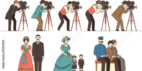 Vintage filmmaking scene with cameramen, early 20th century fashion, historical people portraits, retro clothing, classic film equipment, and antique photography style illustration