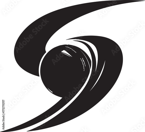 Abstract black graphic design of a swirling vortex or hurricane shape around a dark sphere vector