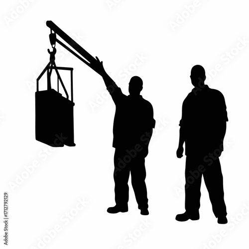 Silhouette of worker signaling crane to lift tbm part into tunnel isolated on white background
