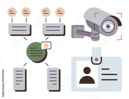 Diagram of interconnected data blocks, a surveillance camera, and an ID badge representing monitoring, access control, organization flow, and security. Ideal for cybersecurity, privacy, workflow