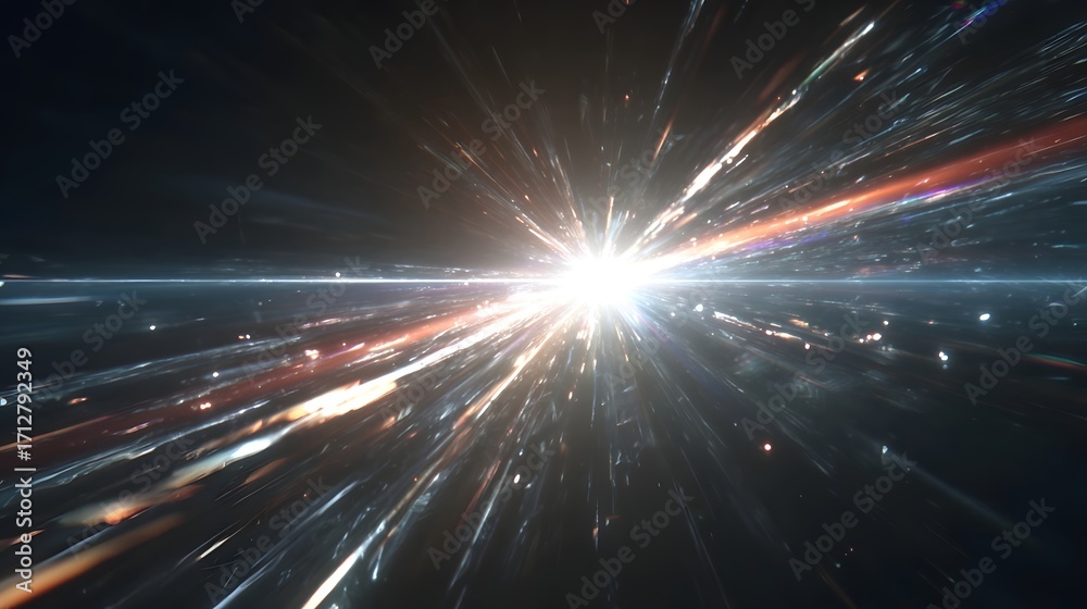 Obraz premium A dynamic and intense cosmic event featuring a brilliant light source emitting energetic streaks and particles through a dark void evoking warp speed or dimensional travel