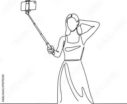 Woman taking selfie with smartphone on selfie stick, standing pose, modern technology lifestyle concept in simple black and white vector illustration