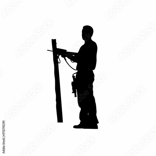 Silhouette of worker using caulking gun sealing sheet joints isolated on white background