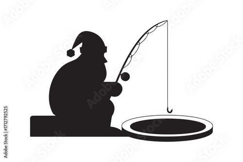 Santa Claus Ice Fishing in Winter Holiday Silhouette Design