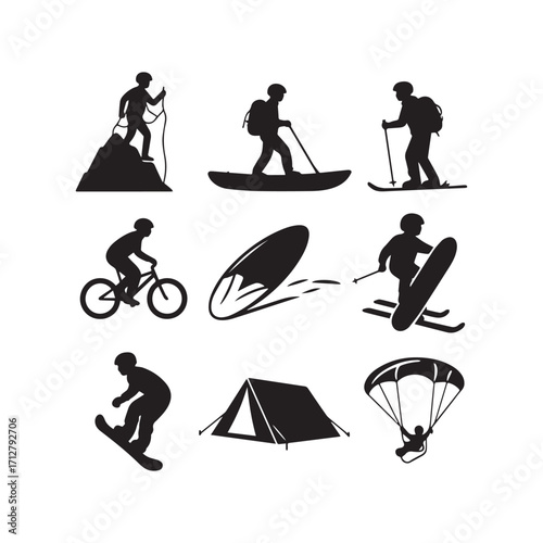 Silhouette Adventure Icon Collection Featuring Extreme Sports and Outdoor Exploration Activities.