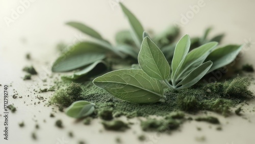 Fresh sage leaves and powder