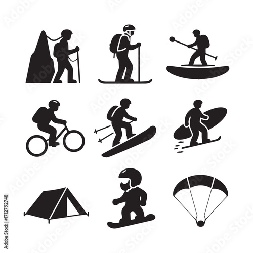 Silhouette Adventure Icon Collection Featuring Extreme Sports and Outdoor Exploration Activities.