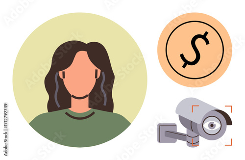 Womans face analyzed with surveillance camera scanning, linked with dollar sign. Ideal for privacy, surveillance, identity protection, security, finance, data systems digital ethics. Simple flat