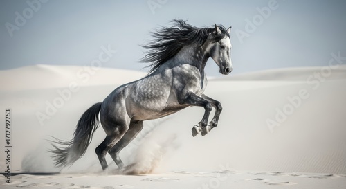 Majestic Arabian Horse Rearing Up in the Desert Sands