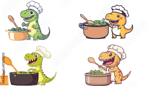 a cute cartoon t-rex wearing a chef's hat, standing next to a large pot of green vegetable soup and holding a wooden spoon while cooking