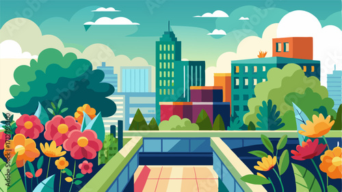 From the top floors of the highrise building one can enjoy the breathtaking sight of a rooftop garden bursting with colorful blooms and verdant foliage.