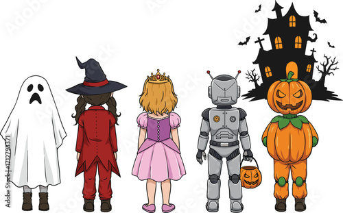 Halloween kids in costumes illustration with ghost, witch, princess, robot, pumpkin character, spooky haunted house background, fun trick or treat cartoon vector design