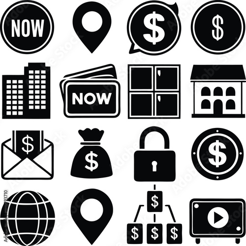 Collection of business and finance icons including buildings money symbols location markers lock and globe for digital and print applications