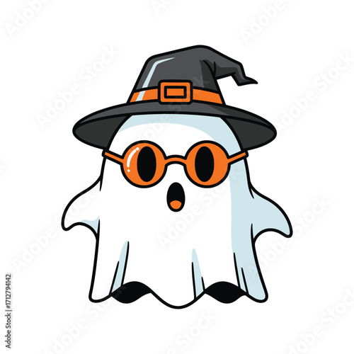 Cute Halloween Ghost Wearing Witch Hat and Glasses Adorable Cartoon Character for Spooky Season Celebrations, Perfect for Kids' Parties and Holiday Designs, HALLO-21