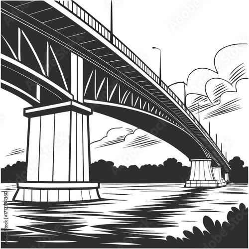 A dramatic black and white illustration of a grand bridge spanning a wide river under a cloudy sky