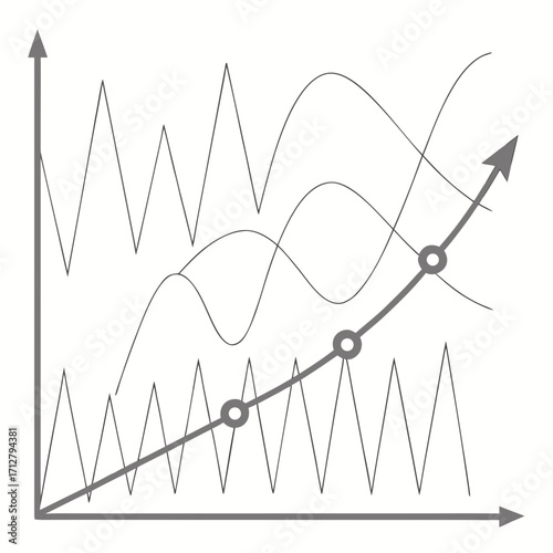 Abstract graph showing upward trend with multiple fluctuating data lines and three key points highlighted