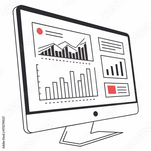 Computer screen displaying various data charts and graphs in a clean modern illustration style